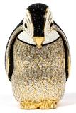 Lot#1167, JUDITH LEIBER PENGUIN MINAUDIERE, W 3 1/2"Full bead white, silver, and black crystal penguin with black cabochon eyes, push button opens to gold leather lining, coin purse, mirror and comb.  Stamped: Judith Leiber, New York.  Measures W. 3 1/2" x 5 1/2" (23" to the chain shoulder strap).