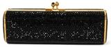 Lot#1169, JUDITH LEIBER BLACK FULL BEAD MINAUDIERE, W 6 1/4"Oblong hexagonal shape with black crystals overall, the clasp inset with black cabochons, opening to gold leather lining, mirror and comb. Stamped: Judith Leiber, New York. Measures W.6 1/4" x 1 1/2" x 2" (27" to the gold chain shoulder strap).