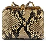 Lot#1170, JUDITH LEIBER PYTHON SHOULDER BAG, W 6"Natural python exterior with gold tone hardware and four ball feet, black cabochon push button opens to gray silk grosgrain lining, matching coin purse, mirror, and comb.  Stamped: Judith Leiber, New York. Measures W.6" x 3 1/2" x 5" (20" to the adjustable python shoulder strap).