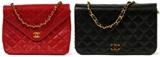 Lot#1181, CHANEL RED & BLACK QUILTED LEATHER SHOULDER BAGS, VINTAGE, TWO, W 9 1/4"Including 1 red leather shoulder bag, with a single flap front, and a turn clasp opening to a leather lined interior, fitted with a zippered pocket. Labeled: Chanel in gold at the interior. Measuring H. 7" x 9 1/4", L. 17" to the shoulder strap. Together with 1 black leather shoulder bag, having a single flap front that clips open to a purple leather lined interior, with a single zippered pocket. Labeled: Chanel, Made in France. Measuring H. 6" x 9 1/4", L. 17" to the shoulder strap. Vintage.