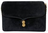 Lot#1192, GUCCI NAVY SUEDE SHOULDER BAG, W 8"A navy blue suede shoulder bag trimmed in leather, opening to tan leather lining with four pockets and a zippered pocket, with gold tone hardware and chain-link shoulder strap. Labeled: 'Made in Italy by Gucci'.  Measures W.8" x 5 3/4" (21" to the shoulder strap).