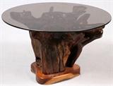 Lot#1259, GLASS TOP ROOT TABLE, H 19", DIA 30"Having a smoke glass top.