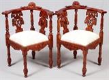 Lot#1255, RENAISSANCE REVIVAL STYLE CARVED CORNER CHAIRS, PAIR, H 34 1/4"Carved wood frame with mahogany finish.