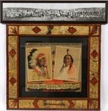 Lot#1300, 101 RANCH REAL WILD WEST POSTER, 21 1/2" X 24 1/2" VISIBLE, 'CHIEFS OF THE SEVEN TRIBES', & A PRINT.Advertising the "101 Ranch Real Wild West", featuring American Indian chiefs Flat Iron and Two Dogs, in a contemporary custom frame of birch branches and bark, visible image 21 1/2" x 24 1/2", framed size 38" x 41".  Together with a reproduction of a panoramic photograph depicting the 101 Ranch Season 1913, framed size 10" x 47".  Two items total.