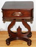 Lot#1556, MAHOGANY SIDE TABLES, TWO, H 24", W 17", D 14"Each is fitted with a single drawer having a carved pull, on a lyre-form base with four ball-form feet.