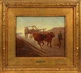 Lot#2007, FREDERIC REMINGTON (AMERICAN 1861-1909), ORIGINAL OIL ON CANVAS, H 14", W 17", UTAH LANDSCAPE WITH OXEN.Depicting a Utah landscape scene with oxen, pulled wagon and man. Signed "Frederic Remington" in lower right.  Gilt wood frame, under glass.  The reverse of the canvas bears the canvas maker's stencil "C.P. STAAR & Co. Importers & Manufacturers NEW YORK."  Provenance: William Mountain Estate, East Lansing , MI via descendant Maude Edgecomb's Remington Estate Collection auctioned in 1989.