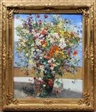 Lot#2005, JOSEF KONECNY [CZECH, 1907-1989], OIL ON BOARD, H 42" W 33 1/2", FLORAL STILL LIFE.Signed at the lower right, depicting a bouquet of wild flowers in a black vase. Measuring H. 42" x 33 1/2", displayed  in a carved gilt wood frame. Purchased from the Jacques and Anne Baruch Gallery, Chicago, IL.