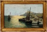 Lot#2008, ALEXANDER YOUNG, (ACTIVE IN SCOTLAND 1865 - 1923) OIL ON CANVAS, H 20", W 30" FISHING VILLAGE.Fishing village with figures. Signed lower left. Framed.