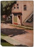 Lot#2010, EDWARD HOPPER (AMERICAN 1882-1967), OIL ON BOARD, H 5 3/16", W 3 3/4", "STREET IN SHADE"Signed on verso; shadowbox later frame.  Provenance:  Sheldon Ross Gallery, Birmingham, MI, 7-15-1986 (purchased by the current consignor), Frank K.M. Rehn, NYC (label on verso), Mr. & Mrs. Wallace Breitman, NYC.