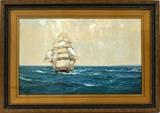 Lot#2013, MONTAGUE DAWSON WATERCOLOR, H 17", L 27" CLIPPER SHIP AT FULL SAIL.Montague Dawson [British, 1890-1973].  Depicting a clipper ship at full sail with another ship in the distance and landfall in the background.  Signed lower right.  Framed and matted under glass.