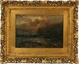 Lot#2014, ROBERT HOPKIN OIL ON CANVAS 9 3/4" X 14" SEASCAPE WITH SHIP.Signed on front and on reverse. Verse in calligraphy on back of canvas.