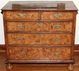 Lot#2043, WILLIAM & MARY/QUEEN ANNE WALNUT CHEST OF DRAWERS, C. 1720, H 38", W 35", D 22"Walnut and burl walnut veneers with oak secondary wood, fitted with two short drawers above three long drawers of graduated size, raised on bun feet.  Provenance: Purchased from Millhouse, West Sussex, England, May 1985.
