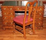 Lot#2045, GEORGE III MAHOGANY & BURL WALNUT PEDESTAL DESK, EARLY 19TH C., H 29", W 47", D 23", & QUEEN ANNE STYLE CHAIR.Including 1 pedestal desk, mahogany with burl walnut veneer, pine secondary wood, having a green tooled leather writing surface above an arrangement of nine drawers, all of which have ogee molded edges and brass ring pulls, H.29" x 47" x 23", and 1 Queen Anne style side chair.  Two items total.  Provenance: The desk purchased from Stair & Company, 942 Madison Ave., New York, September 1992.