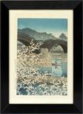 Lot#2096, KAWASE HASUI, [1883-1957], WOODBLOCK PRINT, H 15" W 10 1/4", BRIDGE.Signed at the lower left, depicting Apple Blossom branches near a bridge, with figure paddling underneath in a boat. Image size measuring H. 15" x 10 1/4". Framed under glass.