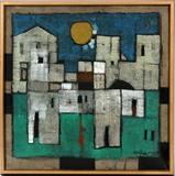 Lot#2106, S. ZOFRIER [20TH C.], OIL ON CANVAS, H 18" W 18", CITYSCAPE.Signed at the lower right side, depicting a coastal cityscape at nightfall. Measuring H. 18" x 18", displayed in a simple wood frame.