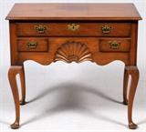 Lot#2177, KITTINGER MAHOGANY LOW BOY, 20TH C., H 31" L 35 " D 20"Raised on cabriole leg, fitted with three drawers, and decorated with a center carved shell medallion. Measuring H. 31 1/2" x 35 1/4" x 20". By Kittinger Furniture Company.