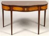 Lot#2181, KINDEL SHERIDAN STYLE MAHOGANY CONSOLE TABLE, H 33", L 52", D 25"Having a brass knob and four straight tapered legs with one drawer.