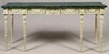 Lot#2187, KARGES PAINTED CARVED WOOD CONSOLE TABLE, H 33", L 69", D 17"Featuring a faux marble top.