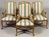 Lot#2192, FRENCH STYLE CARVED WALNUT SILK UPHOLSTERED ARMCHAIRS, LATER 20TH C., FOUR, H 44", L 24", D 21"Unmarked; cabriole legs with shell knees and whorl feet; green, red and ivory silk upholstery.