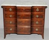 Lot#2476, BEACON HILL COLLECTION, HEPPLEWHITE STYLE, FIGURED MAHOGANY COMMODE WITH MARBLE TOP, H 36", L 44", D 23"#134 on label; fruitwood banding; satinwood key escutcheons; French feet; 4 drawers; gray veined white bevelled marble top.