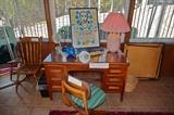 Desk, chair, industrial lamps