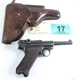 Lot#:	17
Description:	Gun BYF Luger in 9mm Semi Auto Pistol
BYF Model Luger in 9mm Semi Auto Pistol (Mauser); blued finish, checkered wood grips, 3.75" barrel, 8.75" overall length, 1- 8-round detachable box magazine included, front fixed blade and iron sights; top of slide is marked 'byf' over 'X'ed' out '41' and '06'; top of receiver marked '1916' and '41'; side of receiver is marked '6606' w/ several 'crown' proof marks and 'waffenamt eagle'; barrel is marked '6606' w/ several 'crown' proof marks and 'waffenamt eagle' and gauge mark of '8,83'. Very nice pistol w/ Bulgarian leather holster; Condition is indicative of age 80%, used.
From internet: "The Pistole Parabellum 1908—or Parabellum-Pistole (Pistol Parabellum)—is a toggle-locked recoil-operated semi-automatic pistol. The design was patented by Georg J. Luger in 1898 and produced by German arms manufacturer Deutsche Waffen- und Munitionsfabriken (DWM) starting in 1900 with other manufacturers such as W+F Bern, Krieghoff, Simson,