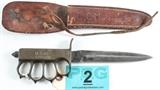 Lot#:	2
Description:	Trench Knife U.S. 1918 L.F & C With Leather Sheath
A genuine Landers, Frary & Clark WWI & WWII Trench Knife with Brass Knuckles. This is an original knife in very nice condition with very minor sharpening marks. Leather sheath appears to be original but has no known maker marks. The back has a black stenciled "256" and the front has the owners hand carved name "C.C. Muldner" with a diagram of a South Pacific style tree and hut
also hand carved. A great addition to anyone who collects military edged weapons, knives or collectibles.