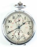 Lot#:	27
Description:	WWII Japanese Imperial Army Pocket Watch Seikosha
A vintage Japanese Imperial Army issue military pocket watch, Model No. 393, made by Seikosha. Serial number inside the case: SKS 13417. The chronograph pocket watch has a silver color case, appears to be nickel, and is inscribed with Japanese writing on the back cover. The watch is in good working condition, the consigner states that it has recently been serviced.
From the internet: "Seiko is a Japanese company that manufactures and sells watches, clocks, electronic devices, semiconductors and optical products. The company was founded in 1881, when Kintaro Hattori opened a watch and jewelry shop called "K. Hattori" in the Ginza area of Tokyo, Japan. Eleven years later, in 1892, he began to produce clocks under the name Seikosha, meaning roughly "House of Exquisite Workmanship". The first watches produced under the Seiko brand appeared in 1924."