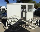 Lot#:	398
Description:	Vintage Western Milk / Ice White Delivery Wagon
This is 1 of 70 wagons that will be sold between November 2014 and February 2015!
Take a trip back in time when the Old West, or the Wild West, was being explored and settled. The buggies, carriages, wagons and coaches featured in this auction are authentic relics of the frontier history. These items are from the Richard Bunger Estate in Payson, AZ and were purchased by Mr. Bunger from various places including the McElhaney Cattle Co Museum in Yuma, AZ. This lot features a milk, beer, or ice delivery wagon. It is painted white, has a slightly arched or curved roof over an enclosed drivers compartment with wood paneled and molded lower section and glass in front and sides of upper; paneled sides with door in rear; mounted on wood and metal undercarriage; mounted on four steel rimmed wagon wheels. Measures approximately 81" in height x 95" in length x 63.5" wide. The front wheels have a 36" diameter and the back wheel