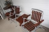 Immaculate vintage wood slats & aluminum patio furniture - 2 folding chairs, collapsible round table and two end tables $125