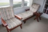 Like new wood lounge ($50) and arm ($35) chairs with cushions, end table $10