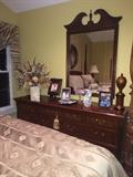 ethan allen bedroom set consisting of four poster king bed dresser, mirror, high chest, armoire, nighstand