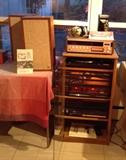Pair of Acoustic Research AR 4x speakers, Koss PRO/4AA headphones, antique Kodak 2A folding camera, Superscope Quadraphase receiver (Model RT-840) with 8 track player, Panasonic turntable (SL-H310) & Panasonic stereo system with amplifier, CD player & double cassette deck