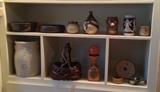 More studio pottery including vase by Robert Speelmon (top row center), Union Stoneware crock, Japanese basket, leather covered decanter, small baskets & more