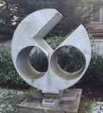 Steel outdoor sculpture, "Rondo V" by Charles Kelly (1968).   This piece stood outside the original Bellevue Art Museum & was the symbol (logo) of the museum from 1975 - 1997.  Measures 68" x 28" (not including wood base)
