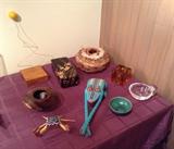Fun kinetic sculpture with yellow ball, Japanese lacquer box, handmade basket, amber Viking glass votive holder, Steuben snail bowl, green Saxbo bowl (Denmark), Oaxacan folk art frog & crab (painted wood),  turned wood bowl by Stewart (1983)