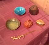 More fun tchotchkes - signed namel on metal bowls by Jade Snow Wong (S.F.) & Edward Winter, pottery piece with face, Japanese carved wood head with long nose, shell-shaped lacquer box, brass lizard letter opener