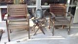 Teak outdoor chairs & small table, watering can