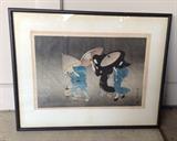 Japanese woodblock of 3 figures with umbrellas in the rain (15" x 10")