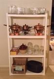 Glass vases, copper chafing dishes & fondue pot, glass storage jars, enamel roasting pan with lid
