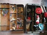 old fishing lures and boxes