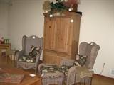 Pine Armoire, Pair Wicker Wing Chairs and Ottoman