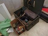 Old Wood Chest With Old Tools Old hammers, saws, drill bits and more