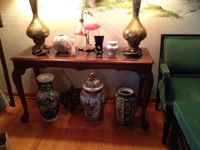 Sofa Table, Matching Lamps, Vases