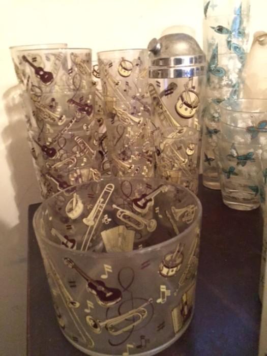 vintage bar set with glasses, ice bucket and shaker