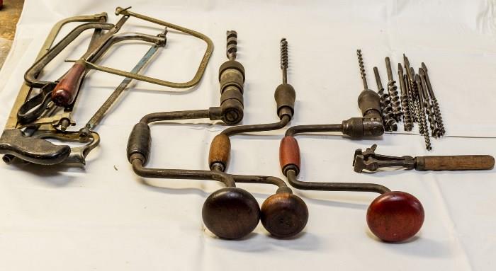 Vintage tools; hand drill, saws, etc.