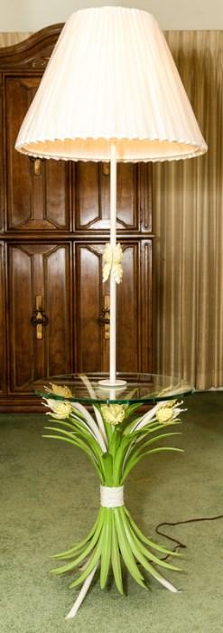 Mid century floor lamp table combination, yellow metal tulips
