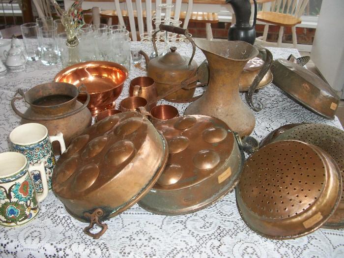 vintage copper cookware--notice the two EARLY stoneware handpainted tankards to the left