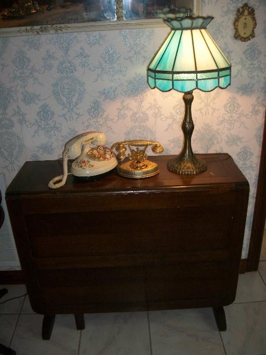 Fine Drop Leaf Table and notice the slag glass lamp--plus we have three French ornate phones for sale