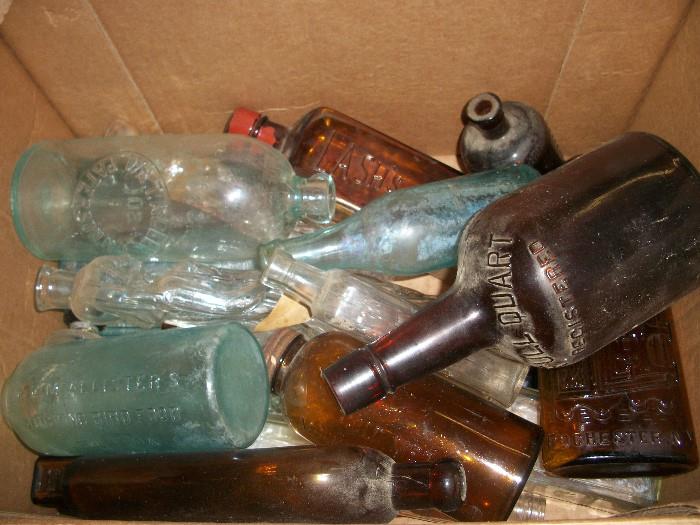 TWO Cardboard boxes filled with 19th century bottles--this is just one box